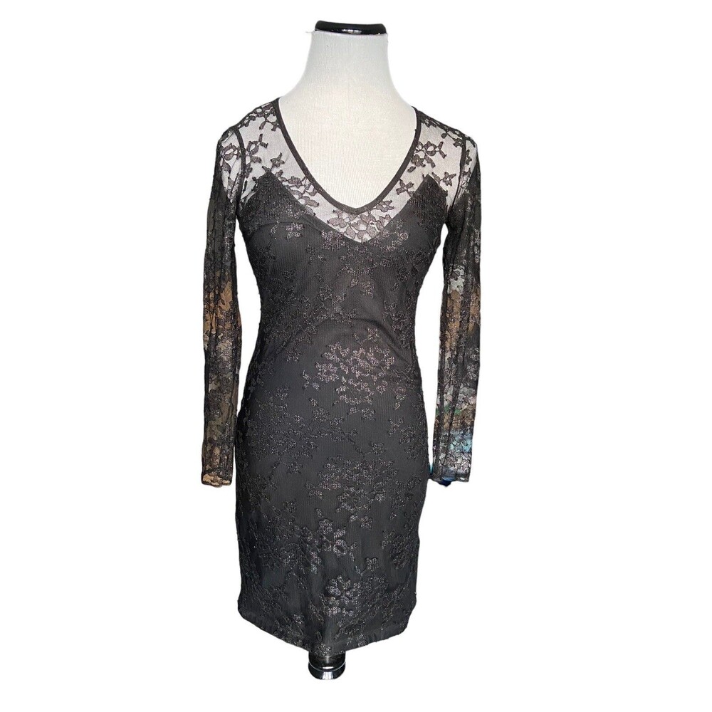 Express Women Lace Mesh Bodycon Dress Size 2 Black Sheer Goth Romantic Mini Hoco